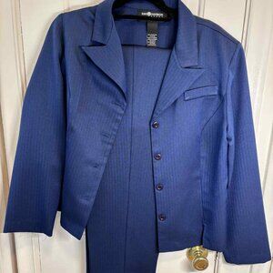 Sag Harbor Two Piece Stripe Pattern Pant Suit Navy Blue Womens Size 12 unlined